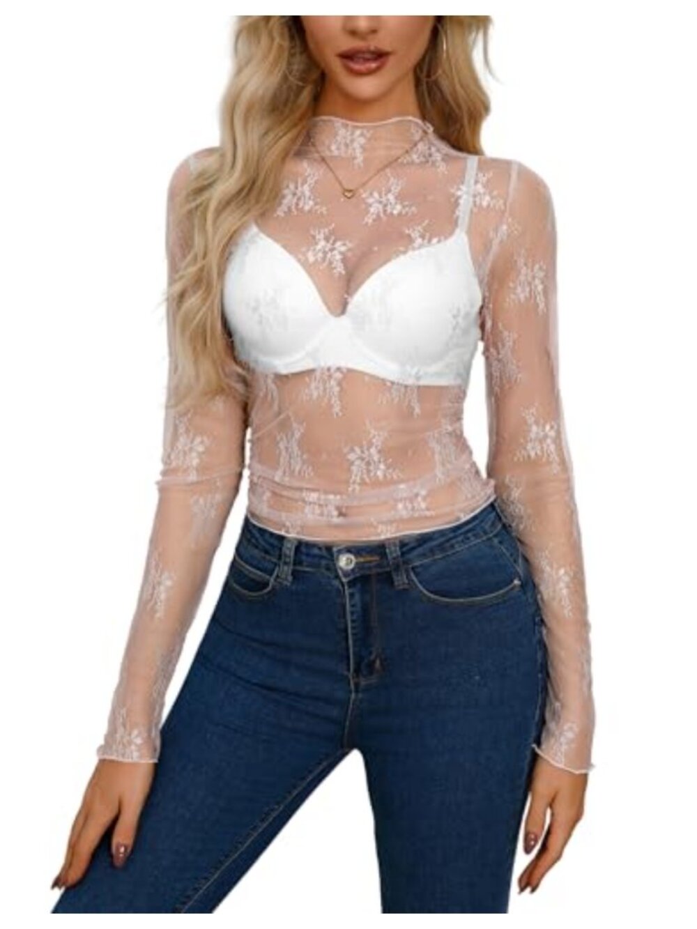 Women's Mesh Sheer Long Sleeve Crop Top Mock Neck Floral Lace Y2K Layering